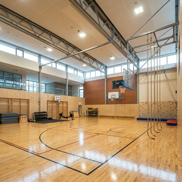 A modern gymnasium interior with polished wooden floor, basketball hoops, climbing ropes, and exercise equipment neatly arranged, bright LED lighting, professional architectural photography, no people